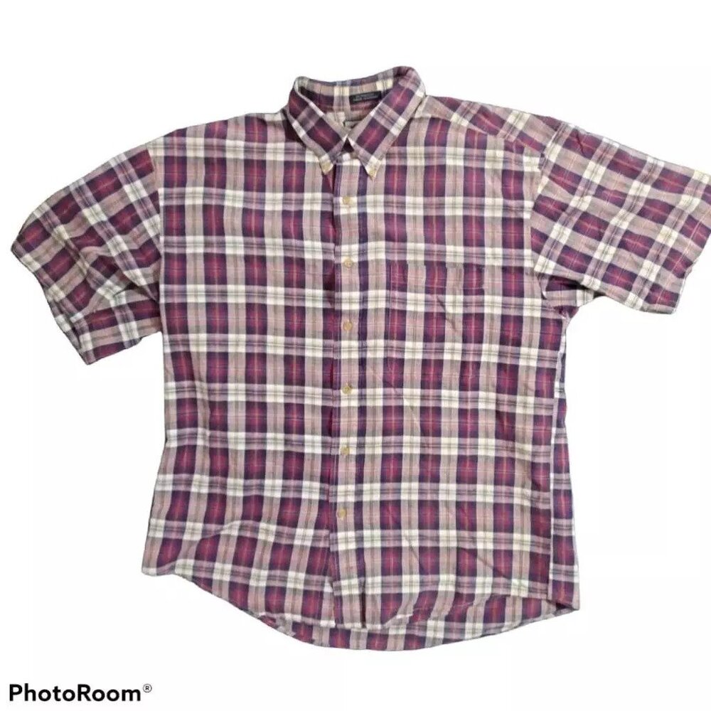 Shaver Lake Mens Button Down Shirt Purple White Plaid Short Sleeve Pocket M